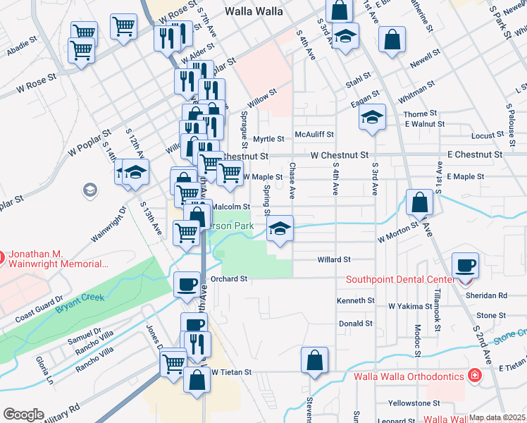map of restaurants, bars, coffee shops, grocery stores, and more near 403 Malcolm Street in Walla Walla