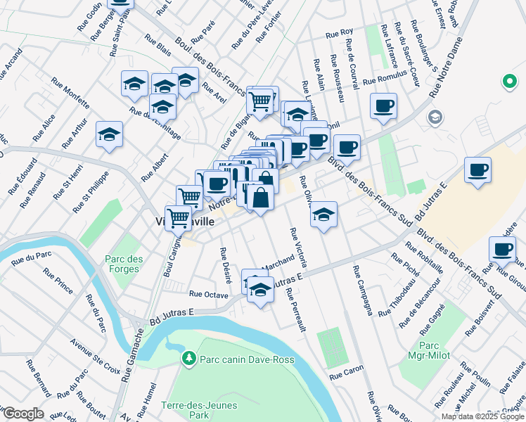 map of restaurants, bars, coffee shops, grocery stores, and more near 95 Rue St Jean Baptiste in Victoriaville