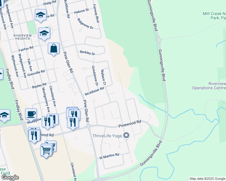 map of restaurants, bars, coffee shops, grocery stores, and more near 9 Spruce Garden Court in Riverview