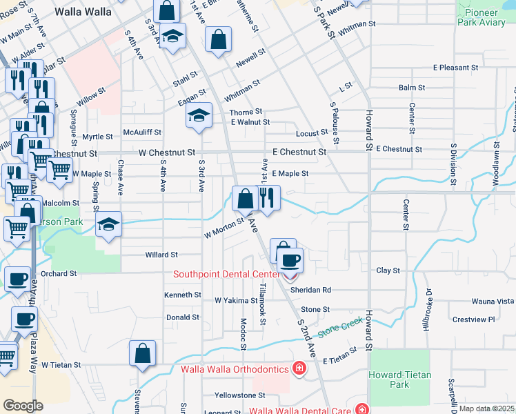 map of restaurants, bars, coffee shops, grocery stores, and more near 15 East Morton Street in Walla Walla