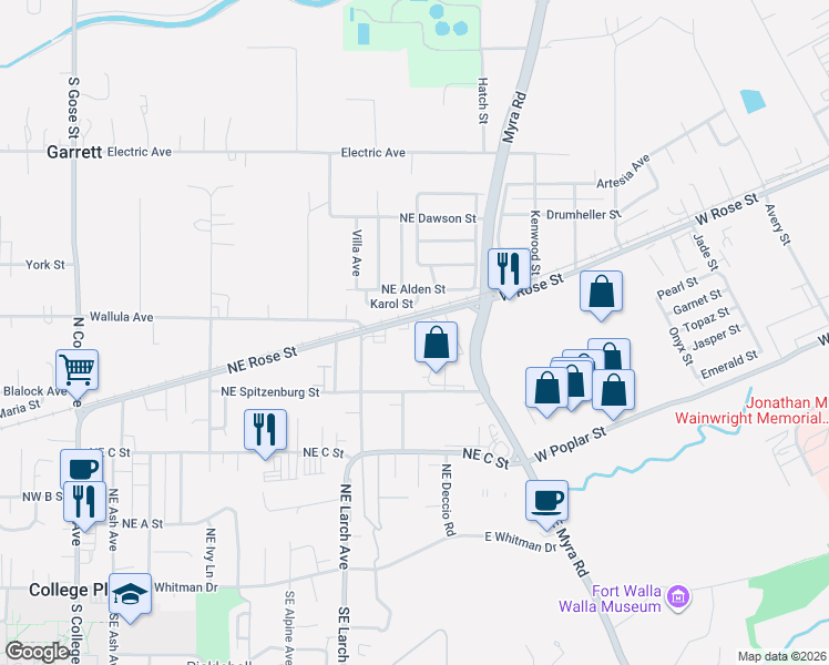 map of restaurants, bars, coffee shops, grocery stores, and more near 930 Northeast Rose Street in College Place