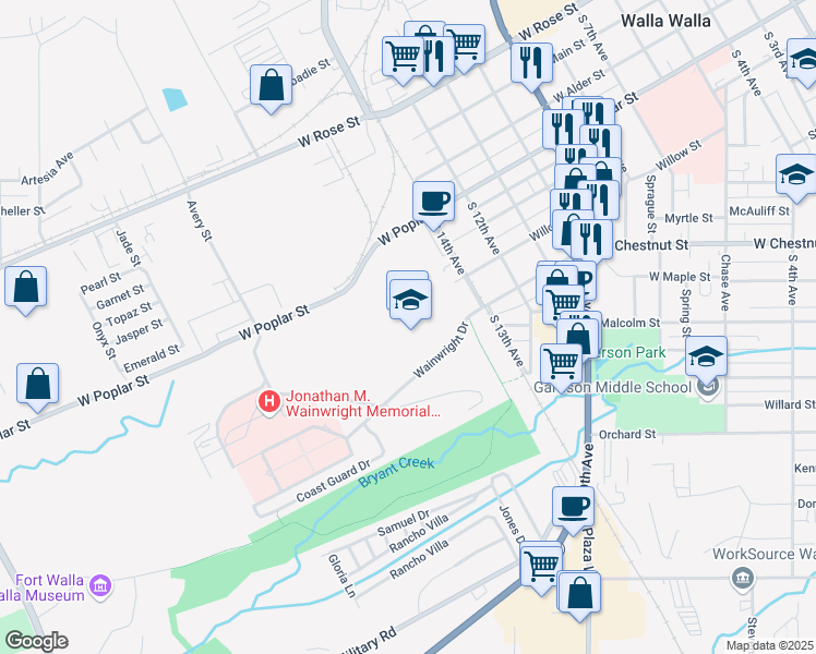 map of restaurants, bars, coffee shops, grocery stores, and more near 1100 West Chestnut Street in Walla Walla