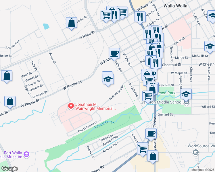 map of restaurants, bars, coffee shops, grocery stores, and more near 1100 West Chestnut Street in Walla Walla