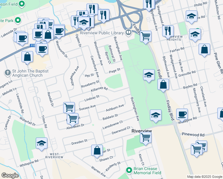map of restaurants, bars, coffee shops, grocery stores, and more near 7 Killarney Road in Riverview