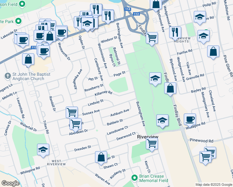 map of restaurants, bars, coffee shops, grocery stores, and more near 7 Killarney Road in Riverview