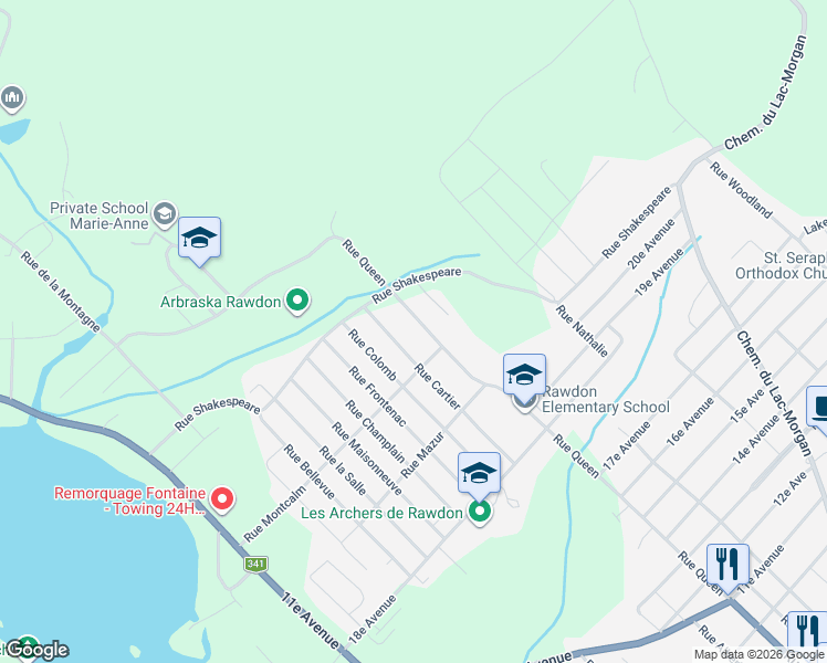 map of restaurants, bars, coffee shops, grocery stores, and more near 4557 Rue Queen in Rawdon