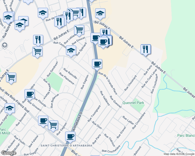 map of restaurants, bars, coffee shops, grocery stores, and more near 2 Rue Quesnel in Victoriaville
