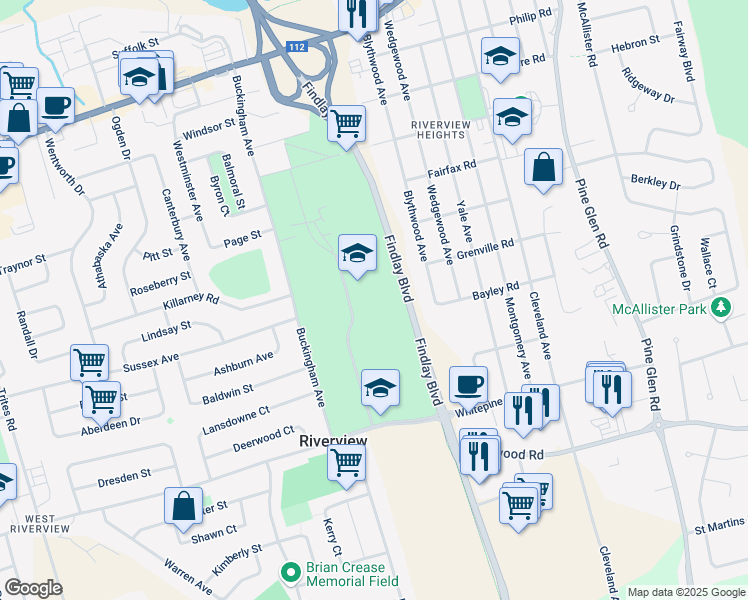 map of restaurants, bars, coffee shops, grocery stores, and more near 400 Whitepine Road in Riverview