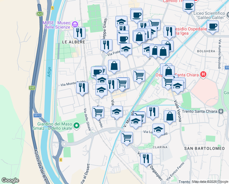 map of restaurants, bars, coffee shops, grocery stores, and more near 14 Via Giacomo Matteotti in Trento