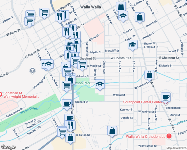 map of restaurants, bars, coffee shops, grocery stores, and more near 403 Malcolm Street in Walla Walla