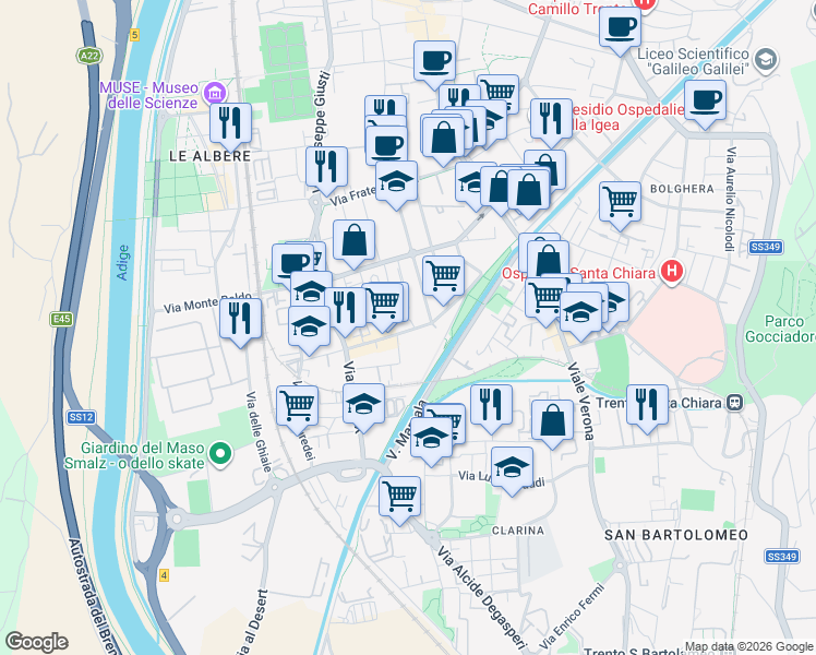 map of restaurants, bars, coffee shops, grocery stores, and more near 14 Via Giacomo Matteotti in Trento