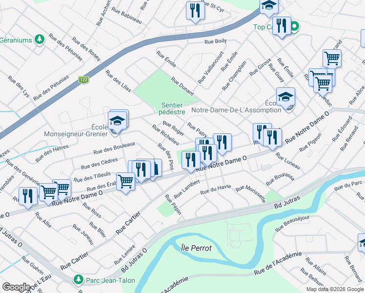 map of restaurants, bars, coffee shops, grocery stores, and more near 7 Rue Richelieu in Victoriaville