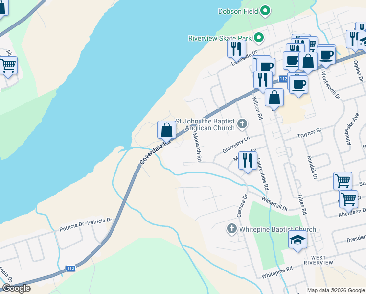 map of restaurants, bars, coffee shops, grocery stores, and more near 822 Coverdale Road in Riverview