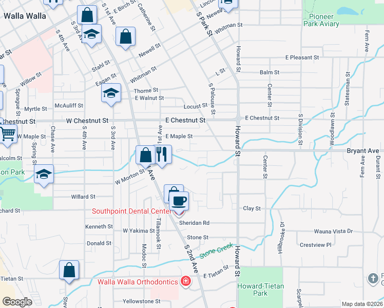 map of restaurants, bars, coffee shops, grocery stores, and more near 162 Bryant Avenue in Walla Walla