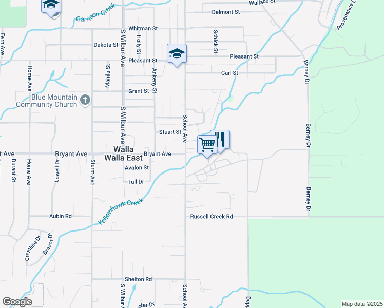 map of restaurants, bars, coffee shops, grocery stores, and more near 1167 School Avenue in Walla Walla