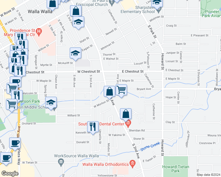 map of restaurants, bars, coffee shops, grocery stores, and more near 803 South 2nd Avenue in Walla Walla