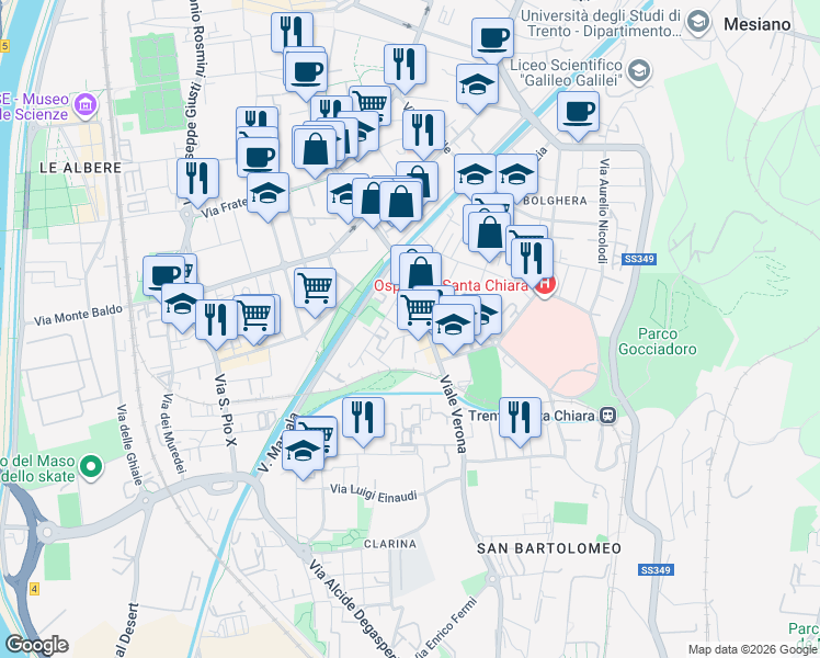 map of restaurants, bars, coffee shops, grocery stores, and more near 13 Via Palermo in Trento
