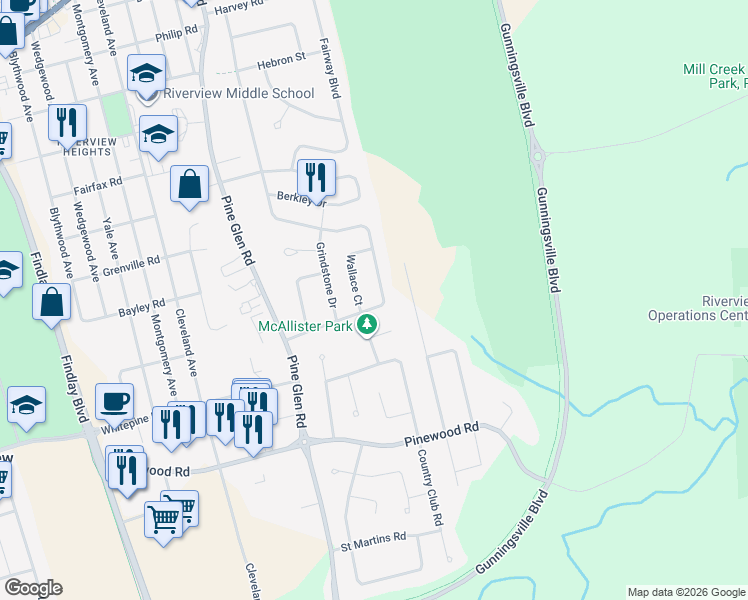 map of restaurants, bars, coffee shops, grocery stores, and more near 473 McAllister Road in Riverview