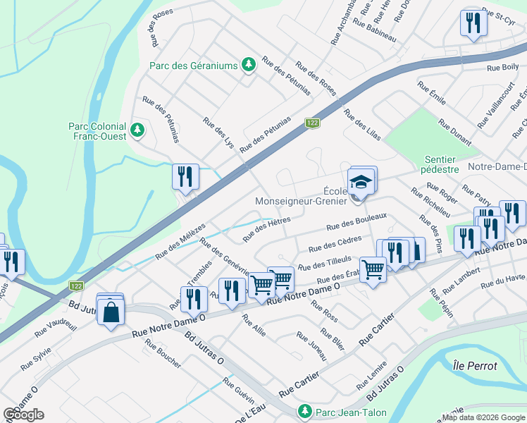 map of restaurants, bars, coffee shops, grocery stores, and more near 29 Rue des Sapins in Victoriaville
