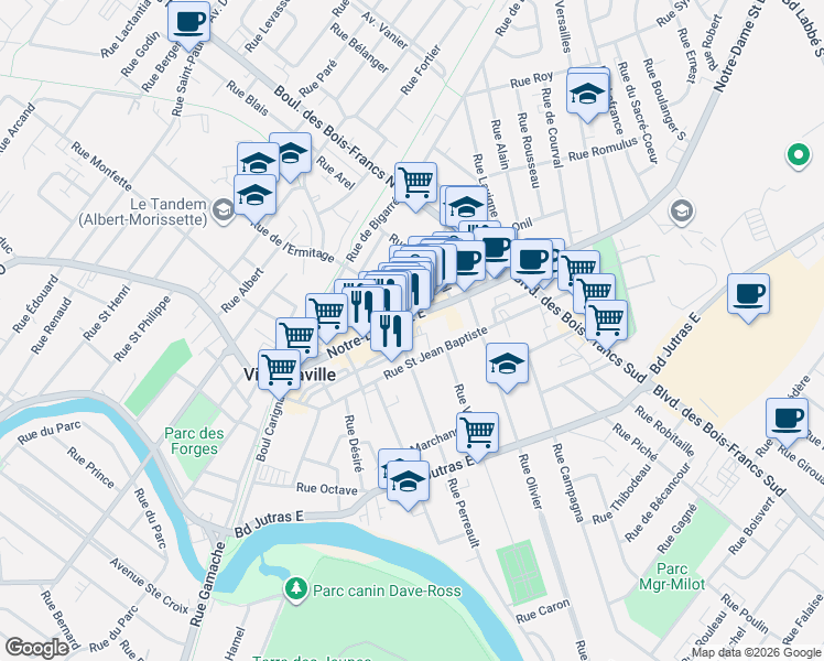 map of restaurants, bars, coffee shops, grocery stores, and more near 213 Rue Notre-Dame East in Victoriaville