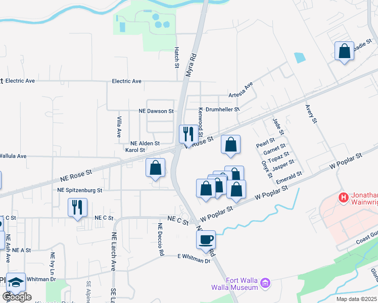 map of restaurants, bars, coffee shops, grocery stores, and more near 1641 West Rose Street in Walla Walla