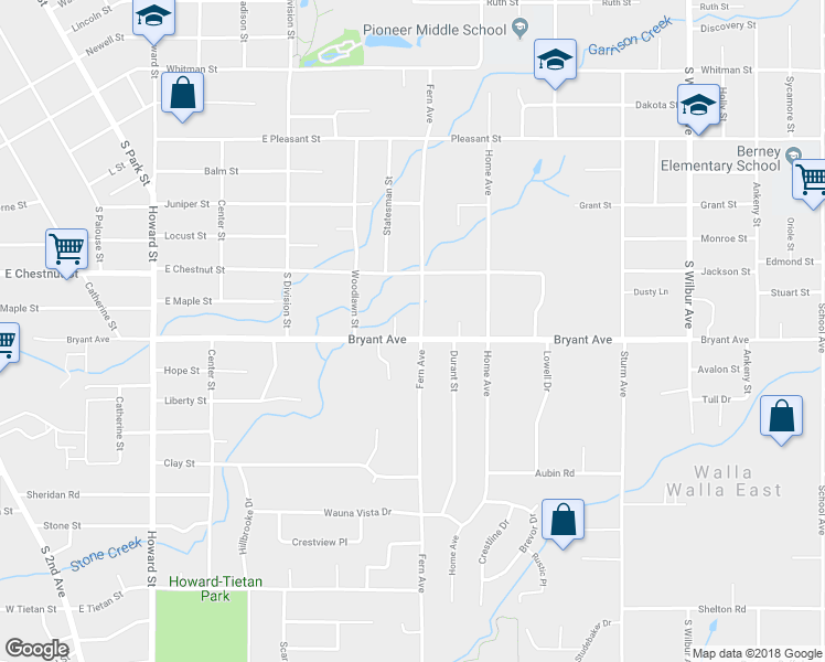 map of restaurants, bars, coffee shops, grocery stores, and more near 855 Bryant Avenue in Walla Walla