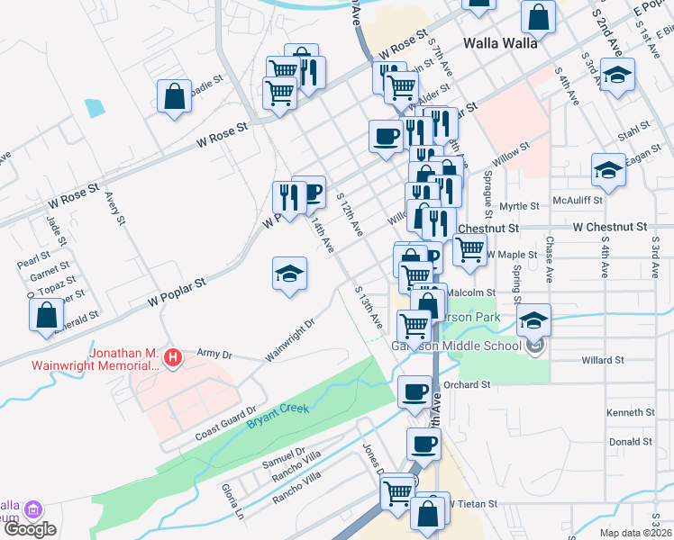map of restaurants, bars, coffee shops, grocery stores, and more near 406 South 14th Avenue in Walla Walla