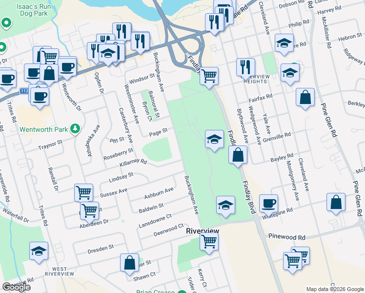 map of restaurants, bars, coffee shops, grocery stores, and more near 250 Buckingham Avenue in Riverview