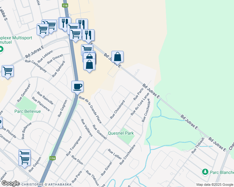 map of restaurants, bars, coffee shops, grocery stores, and more near 13 Rue Genest in Victoriaville