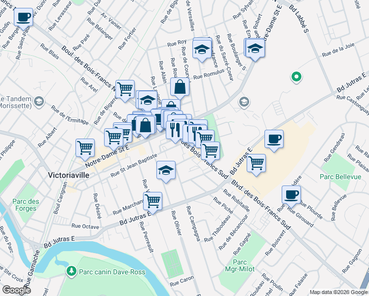 map of restaurants, bars, coffee shops, grocery stores, and more near 127 Boulevard des Bois Francs Sud in Victoriaville