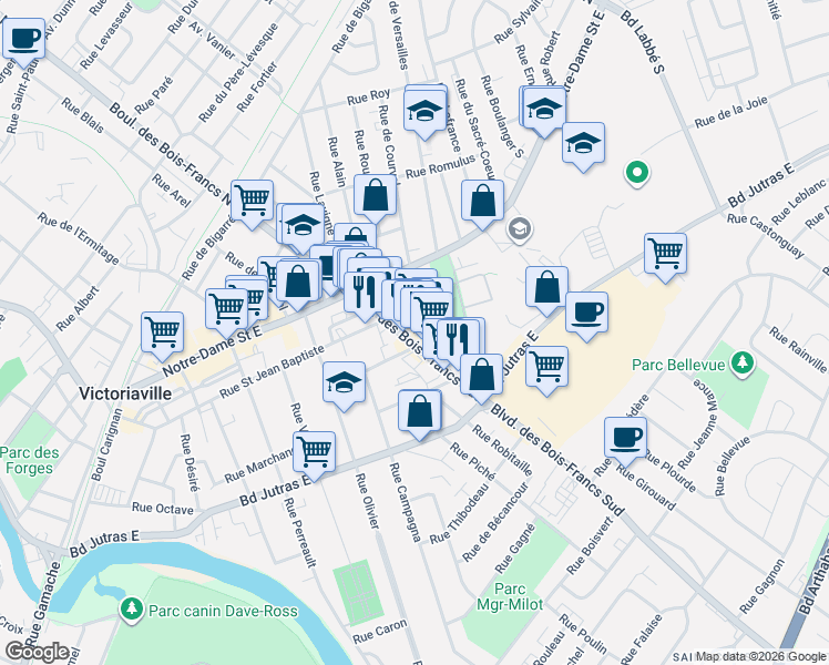 map of restaurants, bars, coffee shops, grocery stores, and more near 154 Boulevard des Bois Francs Sud in Victoriaville