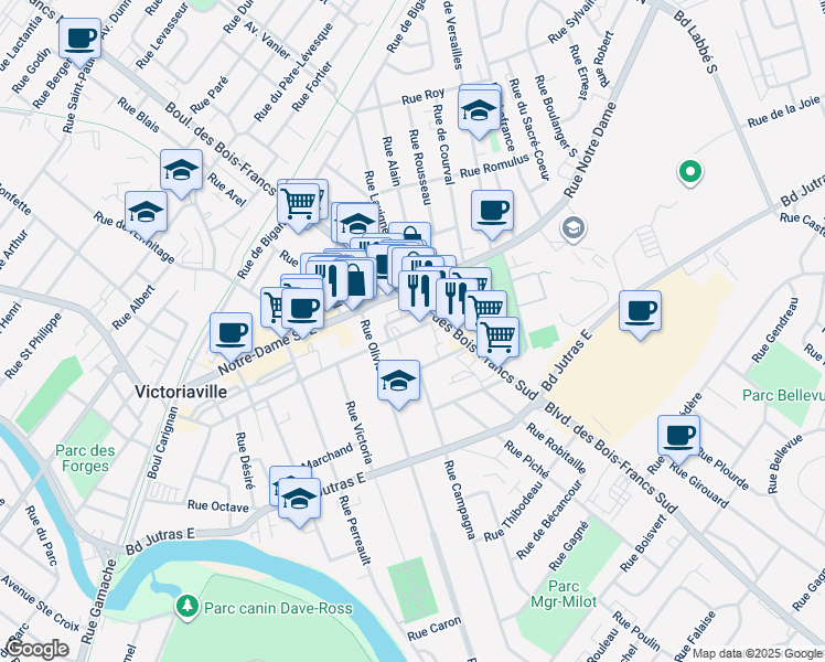 map of restaurants, bars, coffee shops, grocery stores, and more near 145 Rue St Jean Baptiste in Victoriaville