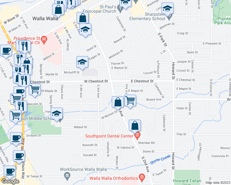 map of restaurants, bars, coffee shops, grocery stores, and more near 803 South 2nd Avenue in Walla Walla