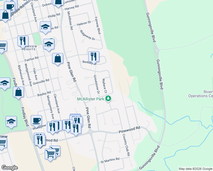 map of restaurants, bars, coffee shops, grocery stores, and more near 31 Wallace Court in Riverview