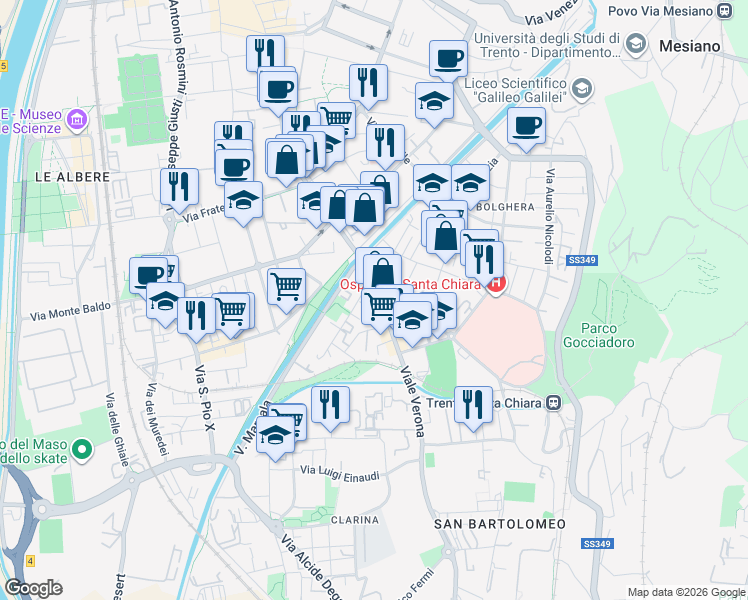 map of restaurants, bars, coffee shops, grocery stores, and more near 11-13 Via Palermo in Trento