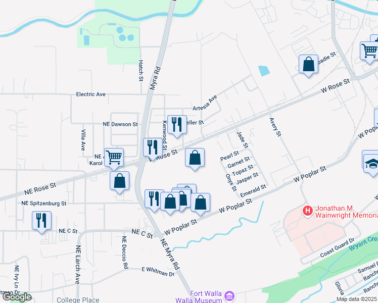 map of restaurants, bars, coffee shops, grocery stores, and more near 1631 West Rose Street in Walla Walla