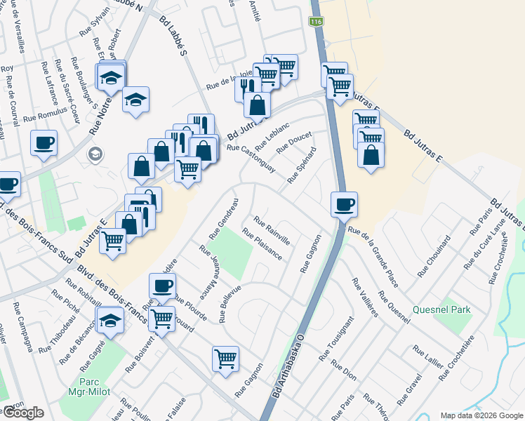map of restaurants, bars, coffee shops, grocery stores, and more near 3 Rue Maheu in Victoriaville