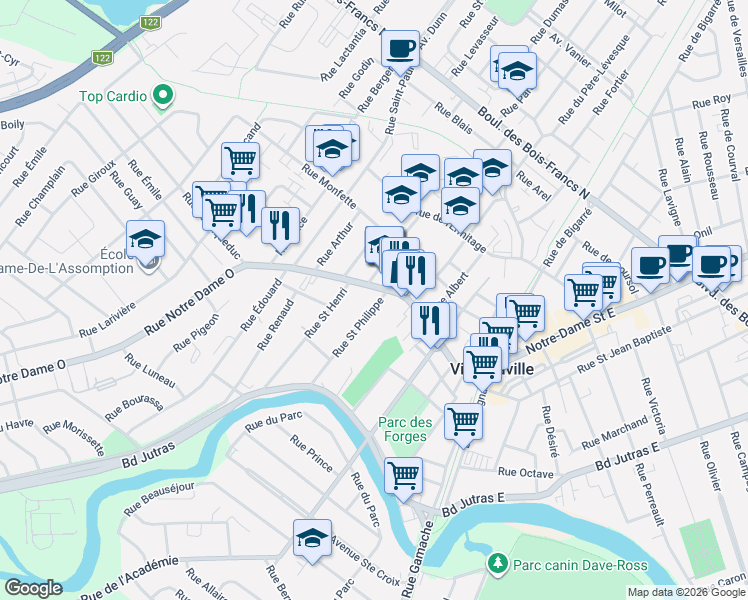 map of restaurants, bars, coffee shops, grocery stores, and more near 7 Rue Saint Philippe in Victoriaville