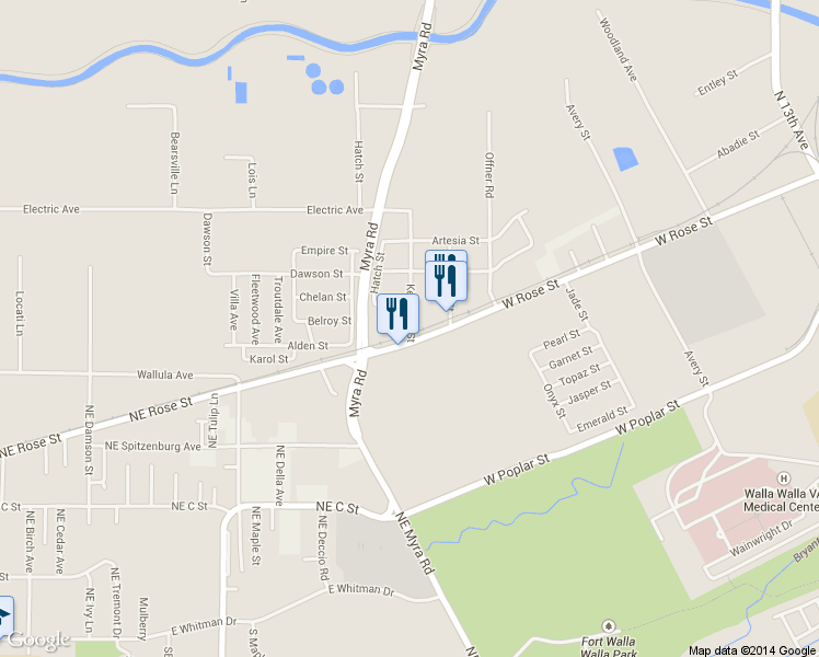 map of restaurants, bars, coffee shops, grocery stores, and more near 1641 West Rose Street in Walla Walla