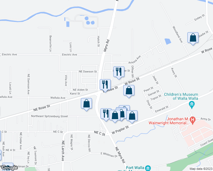 map of restaurants, bars, coffee shops, grocery stores, and more near 1641 West Rose Street in Walla Walla