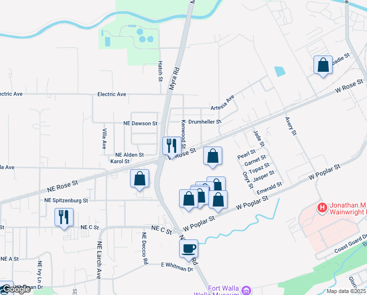 map of restaurants, bars, coffee shops, grocery stores, and more near 1641 West Rose Street in Walla Walla