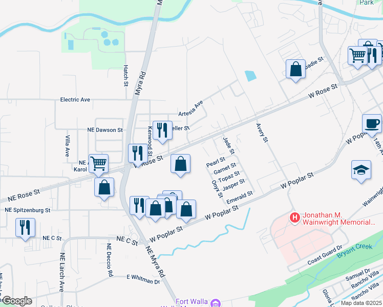 map of restaurants, bars, coffee shops, grocery stores, and more near 1631 West Rose Street in Walla Walla