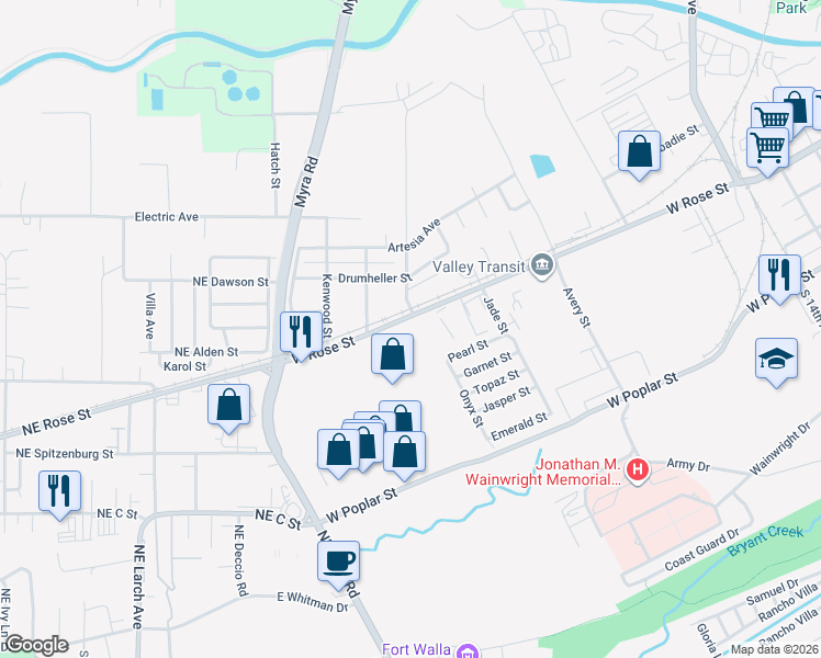 map of restaurants, bars, coffee shops, grocery stores, and more near 1631 West Rose Street in Walla Walla