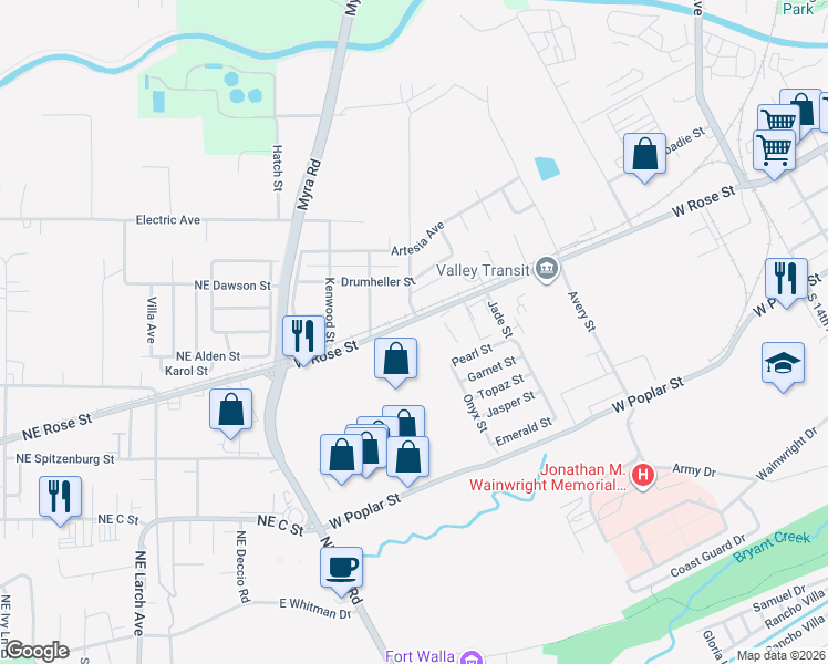 map of restaurants, bars, coffee shops, grocery stores, and more near 1631 West Rose Street in Walla Walla