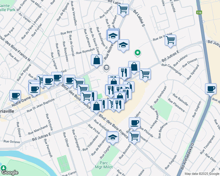 map of restaurants, bars, coffee shops, grocery stores, and more near 475 Boulevard Jutras Est in Victoriaville