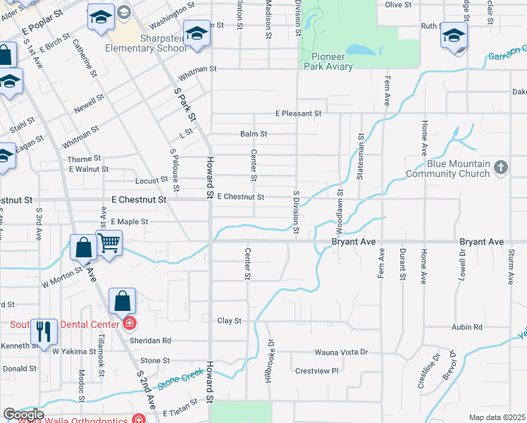 map of restaurants, bars, coffee shops, grocery stores, and more near 611 East Maple Street in Walla Walla