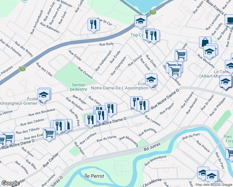 map of restaurants, bars, coffee shops, grocery stores, and more near 19 Rue Dunant in Victoriaville