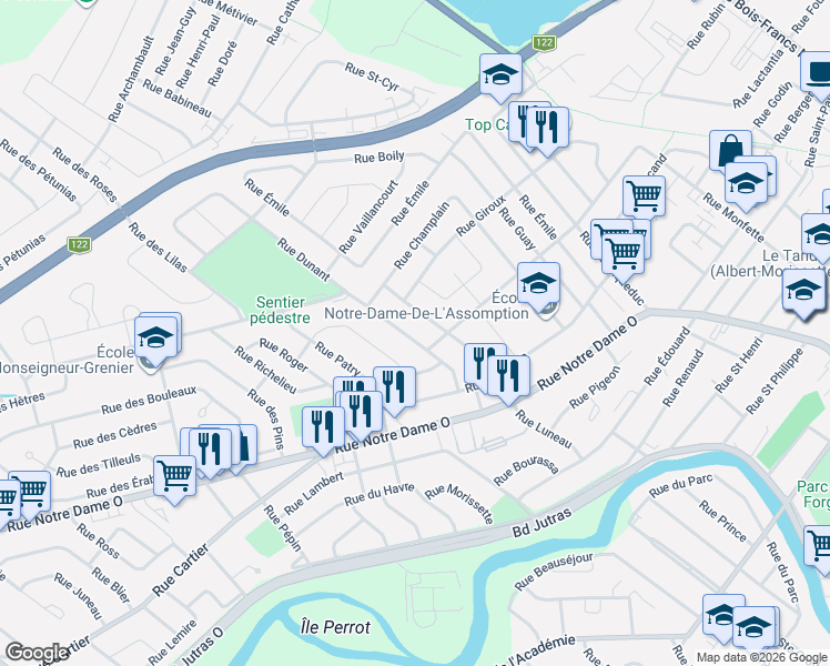 map of restaurants, bars, coffee shops, grocery stores, and more near 19 Rue Dunant in Victoriaville