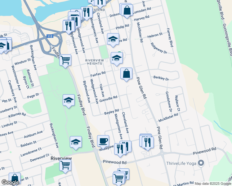 map of restaurants, bars, coffee shops, grocery stores, and more near 605 Cleveland Avenue in Riverview