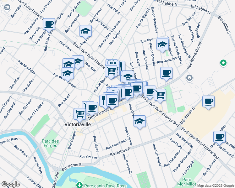 map of restaurants, bars, coffee shops, grocery stores, and more near 19 Rue de Coursol in Victoriaville